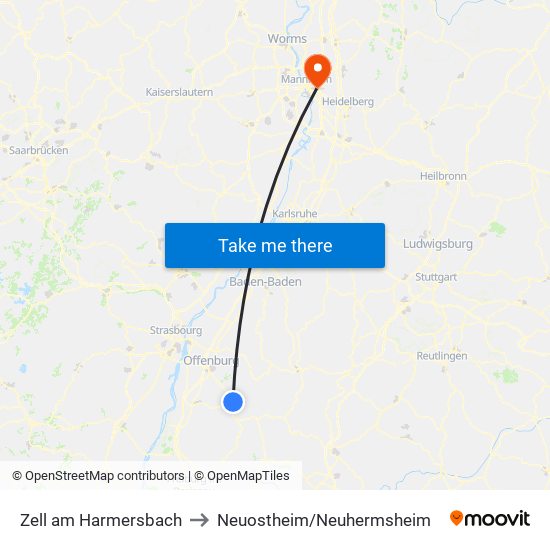 Zell am Harmersbach to Neuostheim/Neuhermsheim map