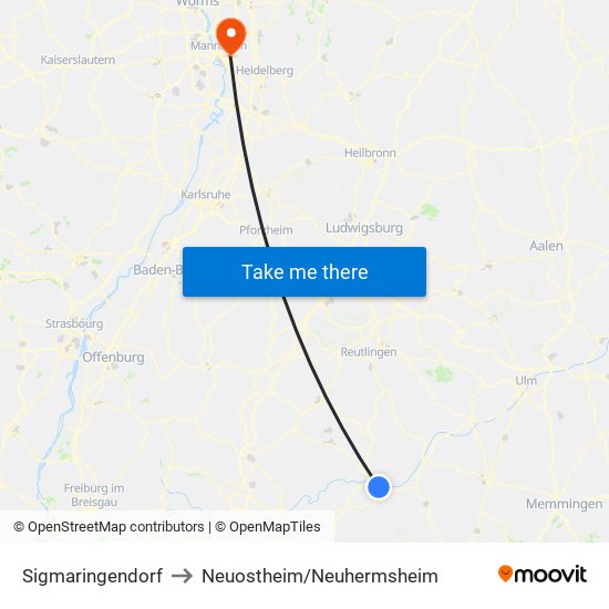 Sigmaringendorf to Neuostheim/Neuhermsheim map
