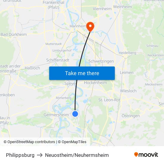 Philippsburg to Neuostheim/Neuhermsheim map