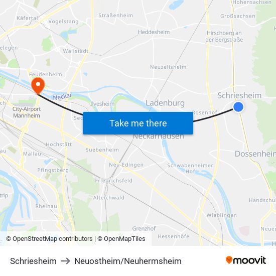 Schriesheim to Neuostheim/Neuhermsheim map