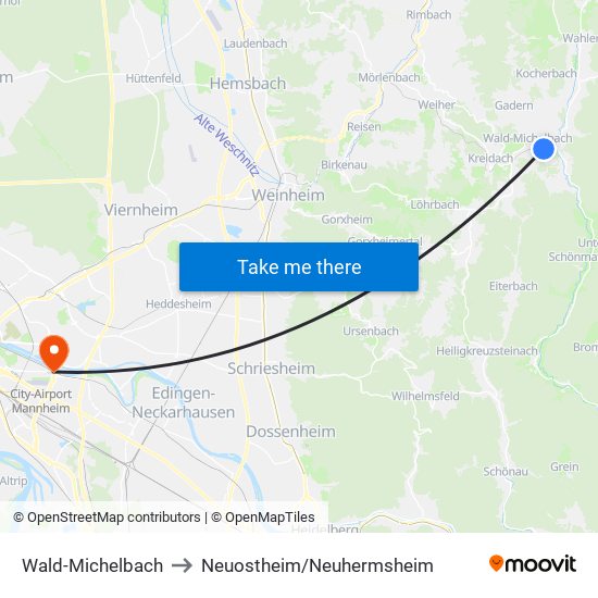 Wald-Michelbach to Neuostheim/Neuhermsheim map