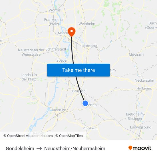 Gondelsheim to Neuostheim/Neuhermsheim map