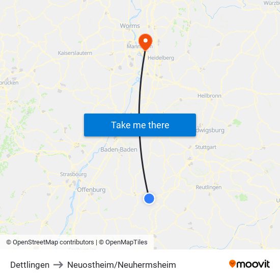 Dettlingen to Neuostheim/Neuhermsheim map