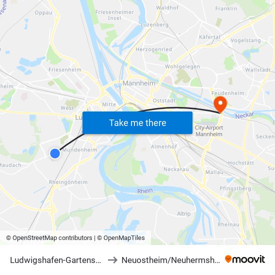 Ludwigshafen-Gartenstadt to Neuostheim/Neuhermsheim map