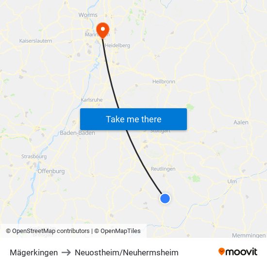 Mägerkingen to Neuostheim/Neuhermsheim map