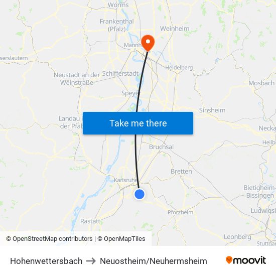 Hohenwettersbach to Neuostheim/Neuhermsheim map