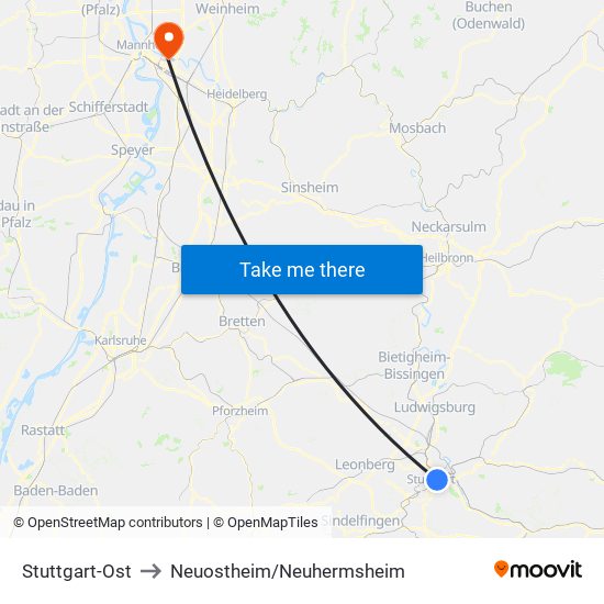 Stuttgart-Ost to Neuostheim/Neuhermsheim map