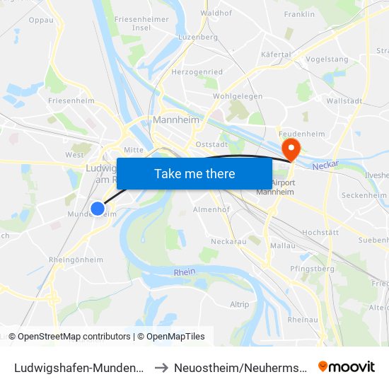 Ludwigshafen-Mundenheim to Neuostheim/Neuhermsheim map