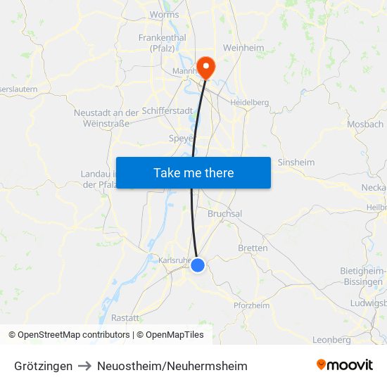 Grötzingen to Neuostheim/Neuhermsheim map