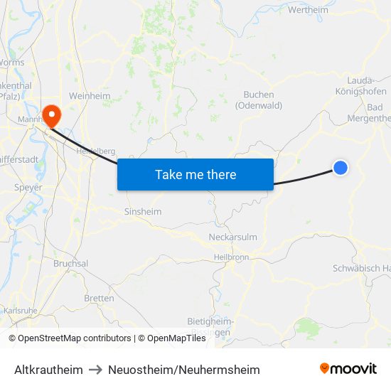 Altkrautheim to Neuostheim/Neuhermsheim map