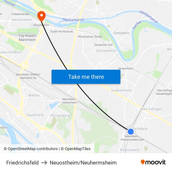 Friedrichsfeld to Neuostheim/Neuhermsheim map