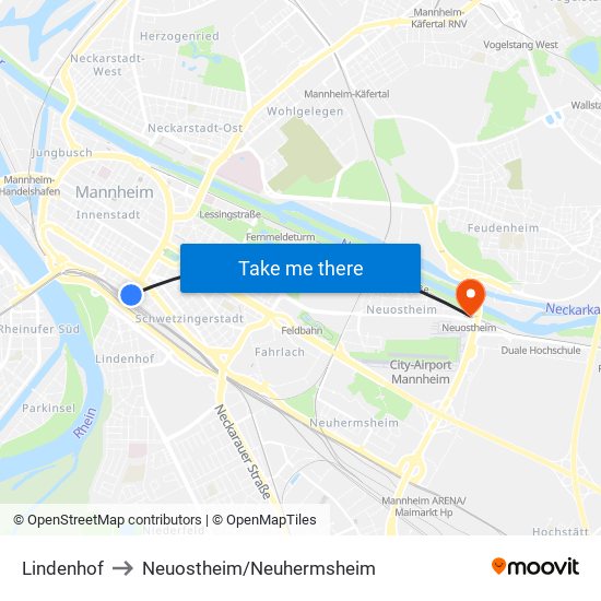 Lindenhof to Neuostheim/Neuhermsheim map