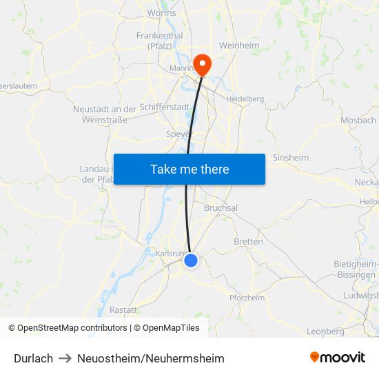 Durlach to Neuostheim/Neuhermsheim map