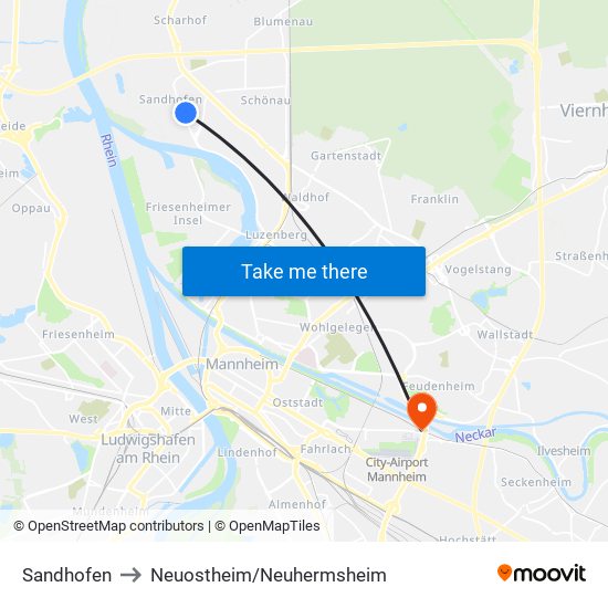 Sandhofen to Neuostheim/Neuhermsheim map