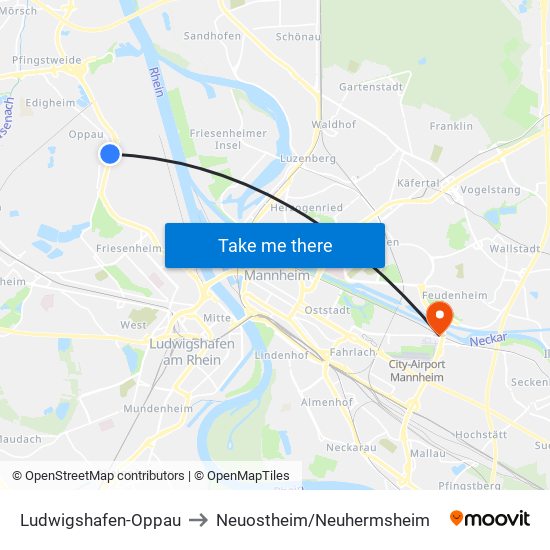 Ludwigshafen-Oppau to Neuostheim/Neuhermsheim map