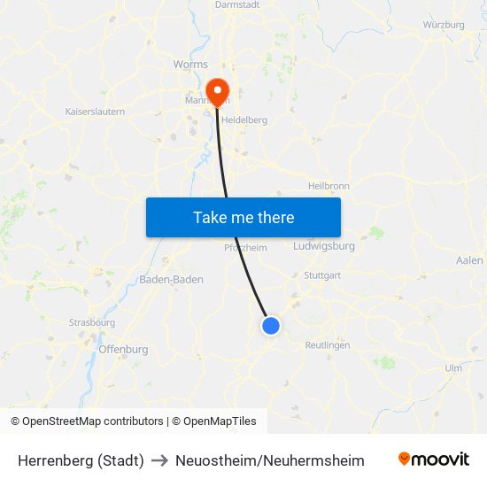 Herrenberg (Stadt) to Neuostheim/Neuhermsheim map