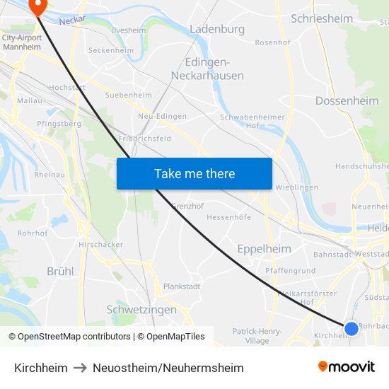 Kirchheim to Neuostheim/Neuhermsheim map