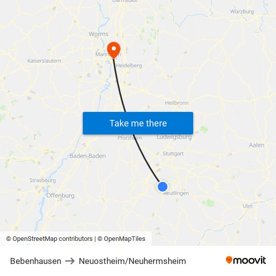 Bebenhausen to Neuostheim/Neuhermsheim map