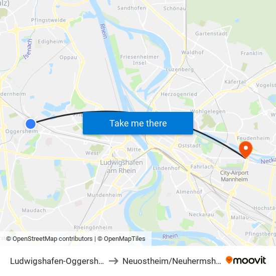 Ludwigshafen-Oggersheim to Neuostheim/Neuhermsheim map