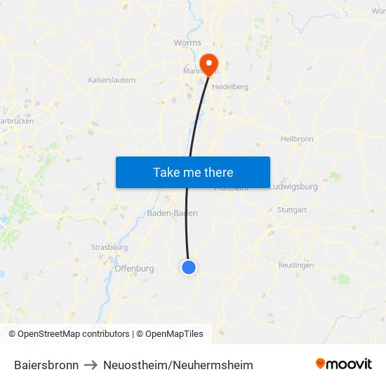 Baiersbronn to Neuostheim/Neuhermsheim map