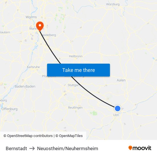 Bernstadt to Neuostheim/Neuhermsheim map