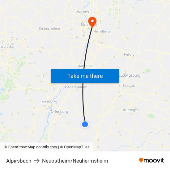 Alpirsbach to Neuostheim/Neuhermsheim map