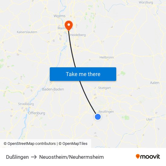 Dußlingen to Neuostheim/Neuhermsheim map