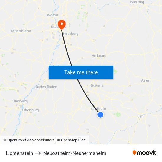 Lichtenstein to Neuostheim/Neuhermsheim map