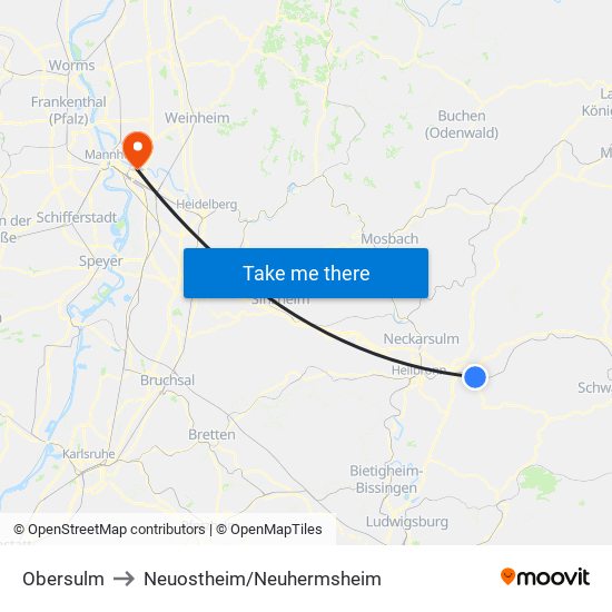 Obersulm to Neuostheim/Neuhermsheim map