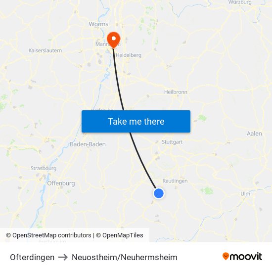 Ofterdingen to Neuostheim/Neuhermsheim map