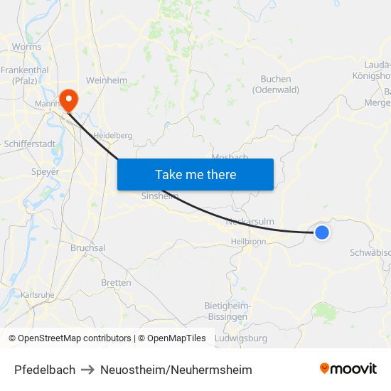 Pfedelbach to Neuostheim/Neuhermsheim map