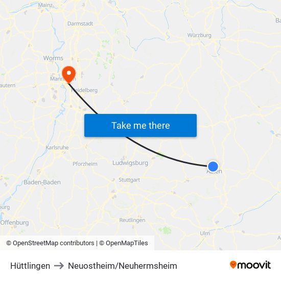 Hüttlingen to Neuostheim/Neuhermsheim map