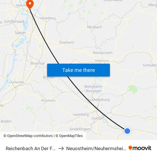 Reichenbach An Der Fils to Neuostheim/Neuhermsheim map