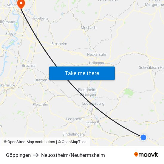 Göppingen to Neuostheim/Neuhermsheim map