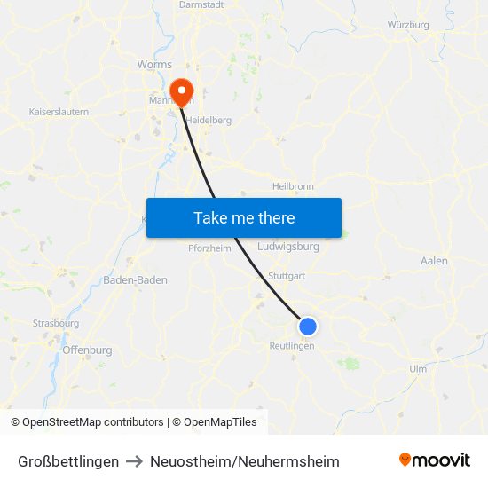 Großbettlingen to Neuostheim/Neuhermsheim map
