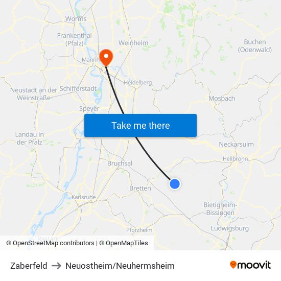 Zaberfeld to Neuostheim/Neuhermsheim map