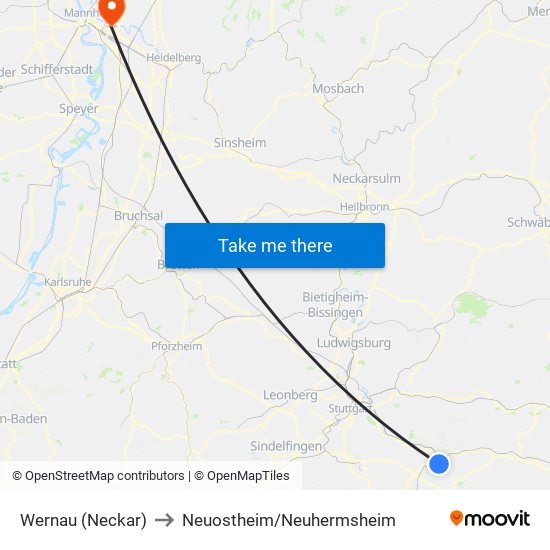 Wernau (Neckar) to Neuostheim/Neuhermsheim map