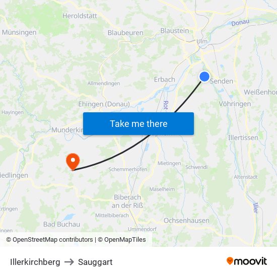 Illerkirchberg to Sauggart map