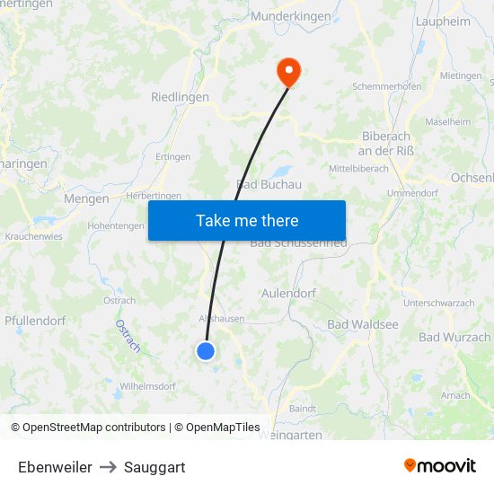Ebenweiler to Sauggart map