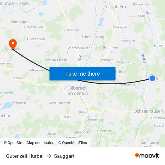 Gutenzell-Hürbel to Sauggart map