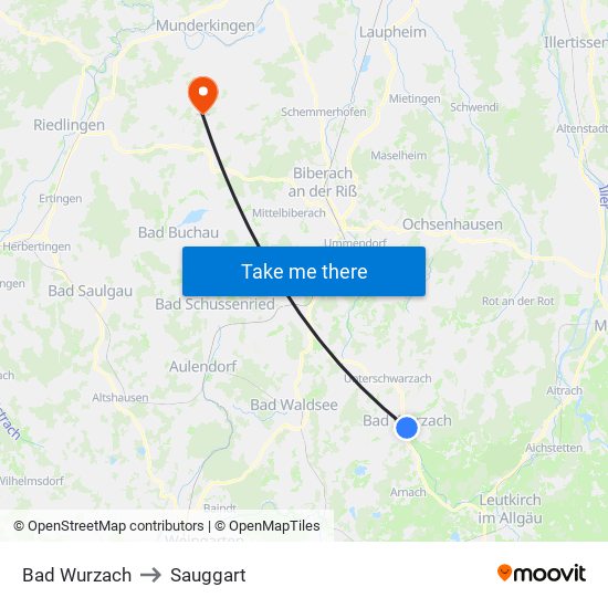 Bad Wurzach to Sauggart map