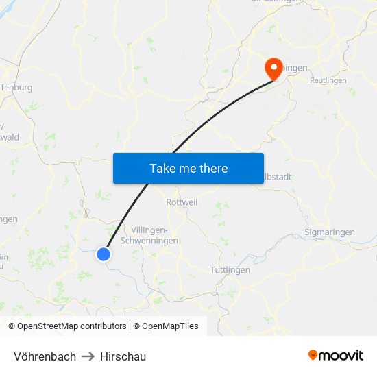 Vöhrenbach to Hirschau map