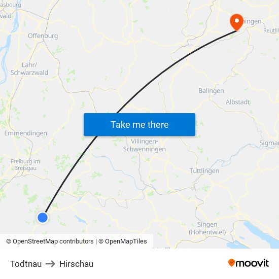 Todtnau to Hirschau map