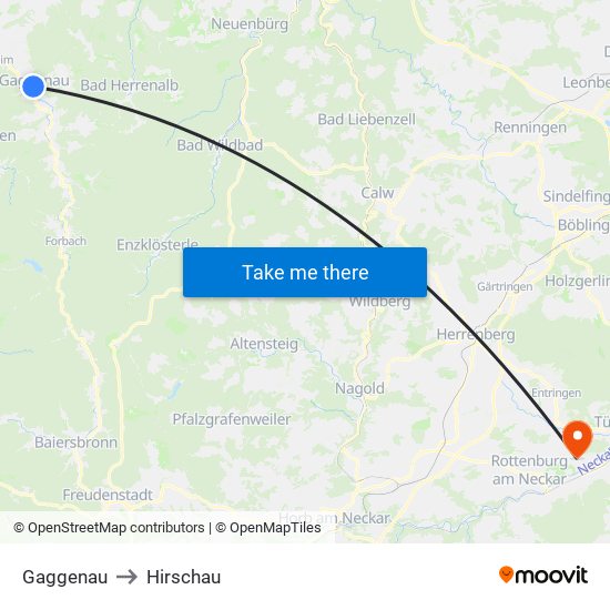 Gaggenau to Hirschau map
