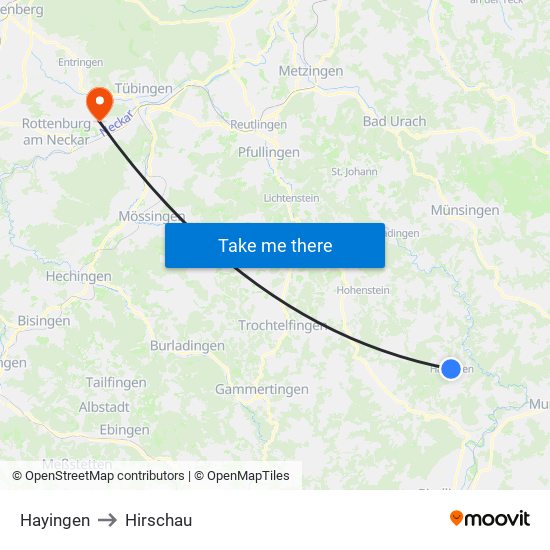 Hayingen to Hirschau map