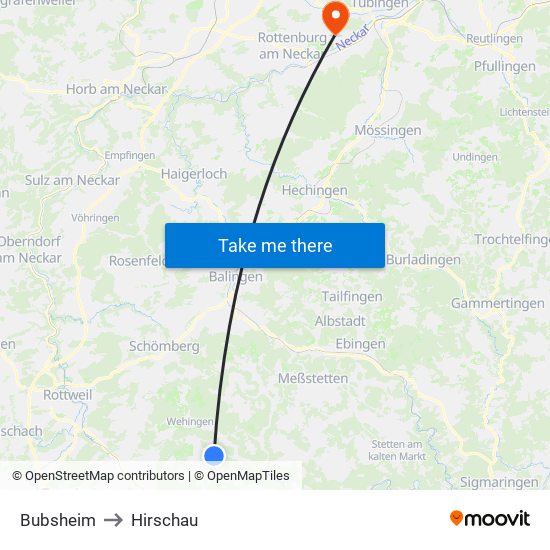 Bubsheim to Hirschau map