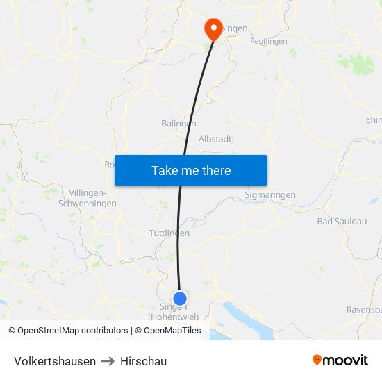 Volkertshausen to Hirschau map