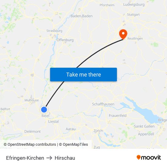 Efringen-Kirchen to Hirschau map