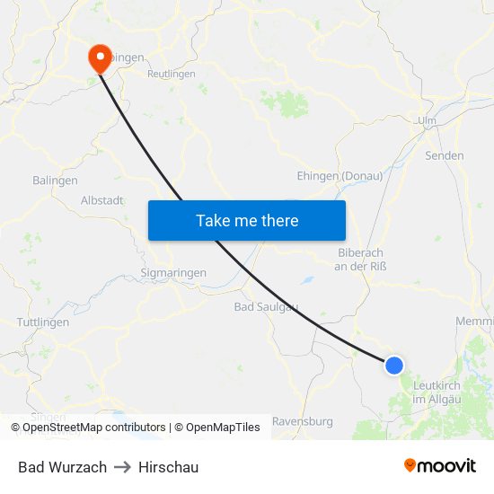 Bad Wurzach to Hirschau map