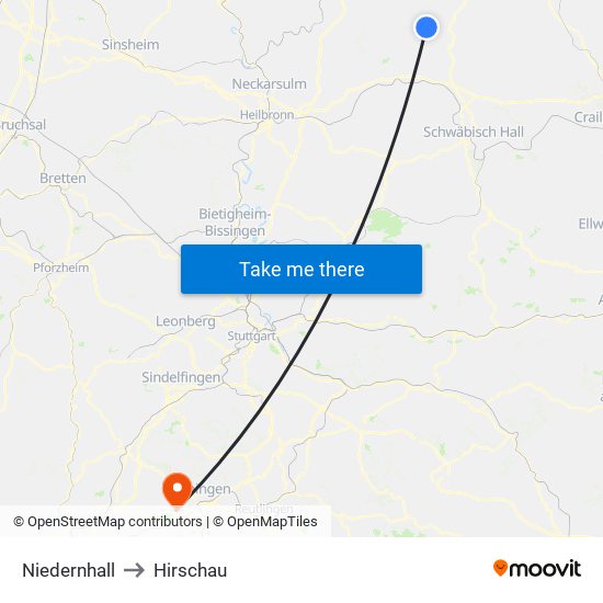 Niedernhall to Hirschau map